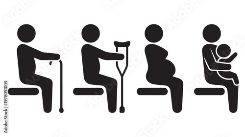 Black and white icon set showing people sitting with disabilities or pregnancy on bench for accessibility concepts