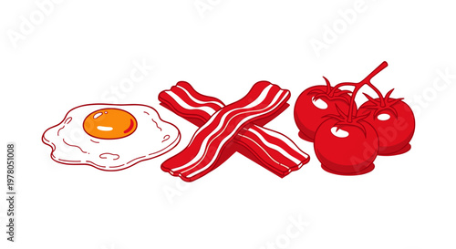 Stylized illustration of breakfast foods egg bacon and tomatoes on white background healthy eating concept