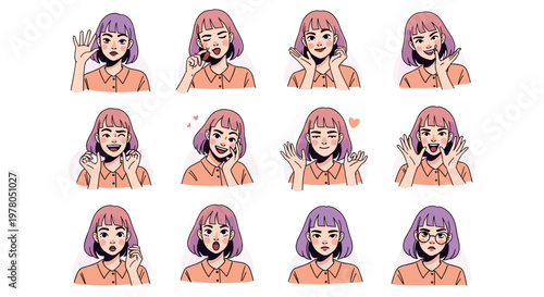 Digital illustration set of 12 emotive cartoon women with various expressions and gestures