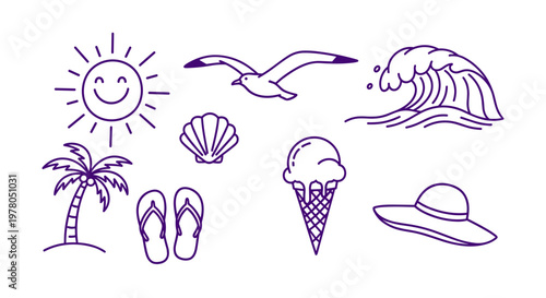 Stylized summer vacation icons including sun seagull wave palm tree flip flops ice cream and hat on white background