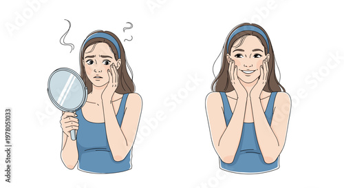 Woman experiencing skincare routine and satisfaction with mirror reflection