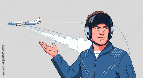 Man wearing vr headset controls airplane flight simulator with hand gesture technology