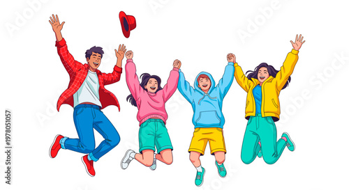 Four diverse people jumping up in the air with arms raised in joy and celebration together