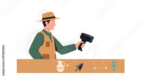Man in green shirt and brown vest using scanner on wooden plank with icons technology in carpentry