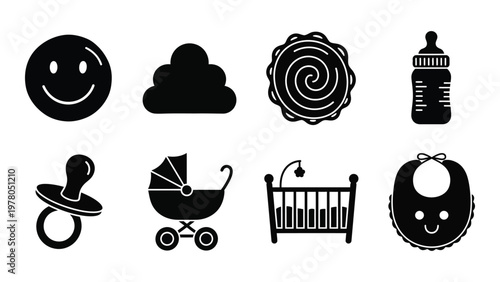 A collection of simple black silhouette icons depicting baby related items such as toys furniture and feeding accessories high quality professional