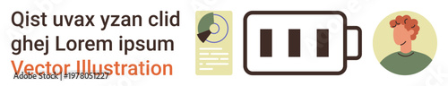Energy management, data analysis, productivity tools, technology usage, human interaction, digital concepts. Battery, person profile data chart. Energy management and data analysis visualization