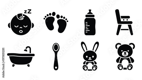 A collection of simple black silhouette icons representing baby essentials like bottles toys and care items high quality professional detailed modern