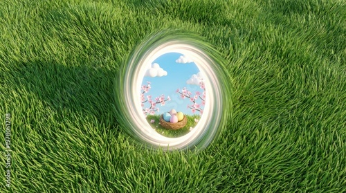 Glowing Oval Portal into a Spring Flower Meadow