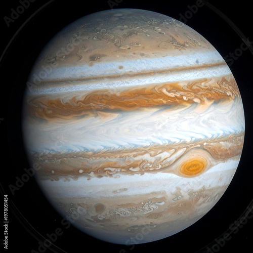 Jupiters Majestic Swirling Clouds and Great Red Spot in Detailed View.