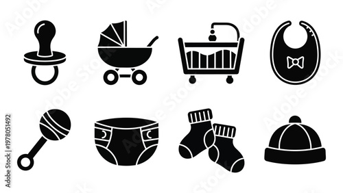 A collection of simple black glyph icons depicting essential baby items like pacifiers strollers and clothing high quality professional detailed modern