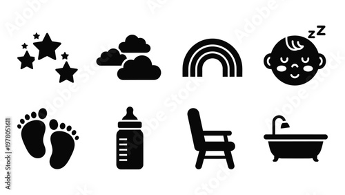 A collection of simple black icons depicting baby related items like a rainbow stars and various nursery essentials high quality professional
