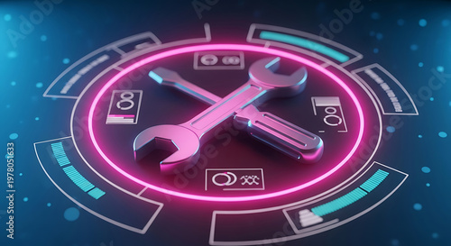 futuristic digital display with glowing pink tech tools representing service engineering and system optimization