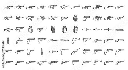 Collection of various weapons, including guns, grenades, and knives, in a line art style.