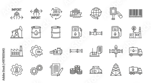 Illustrative icons depicting various aspects of the oil and gas industry and its related processes.