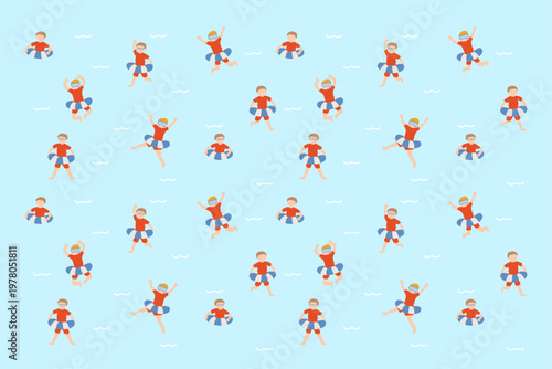 夏のプール遊び背景イラスト 浮き輪で遊ぶ子どもの横長素材