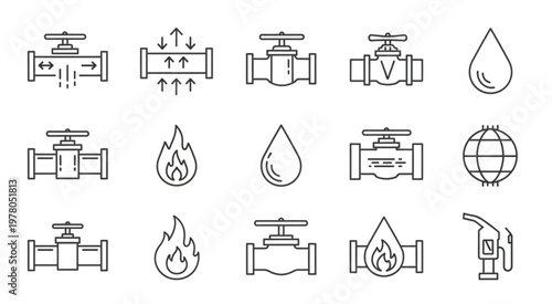 Collection of various industrial pipeline valves and related symbols in a row.