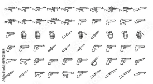 Collection of various weapons, including guns, knives, and grenades, in a line art style.