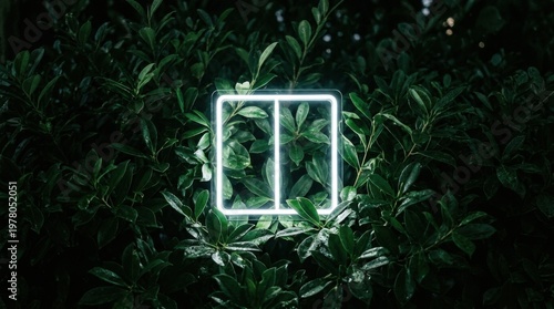 Glowing Neon Square Frame in Lush Green Jungle Foliage
