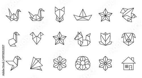 Geometric origami animal and object illustrations in minimalist style.
