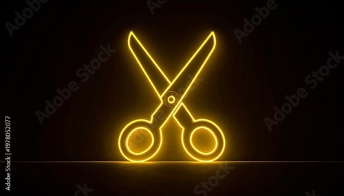 Neon scissors glow yellow dark background