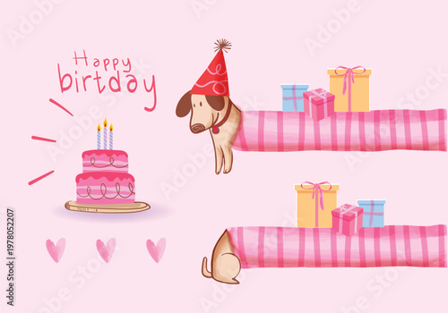 A cute dog, puppy wearing a party hat with birthday cake hand drawn kawai vector illustration.. Perfect for holiday  greeting cards, invitations, and celebration-themed designs.