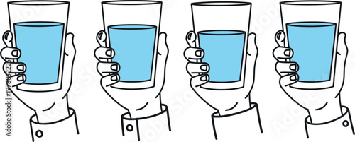 Set of hands holding glasses with varying levels of water on transparent background representing hydration.