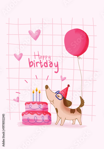 A cute dog, puppy wearing a party hat with birthday cake hand drawn kawai vector illustration.. Perfect for holiday  greeting cards, invitations, and celebration-themed designs.