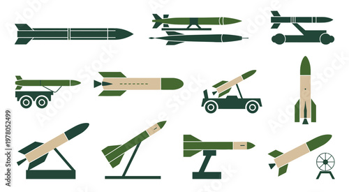 Military missile and rocket launcher vector icon set, modern defense system illustrations, clean flat vector collection featuring ballistic missiles, mobile launchers, and strategic defense units, 