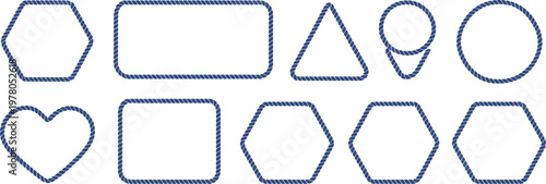 Rope Frame Icon Set Vector Illustration, Nautical Rope Borders in Hexagon, Square, Oval, and Heart Shapes, Marine Cord Frames for Sailor Theme, Labels, and Decorative Design