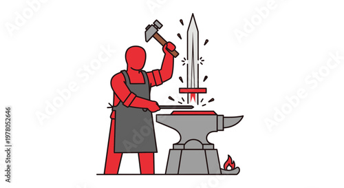 Blacksmith Forging Sword on Anvil with Hammer Sparks