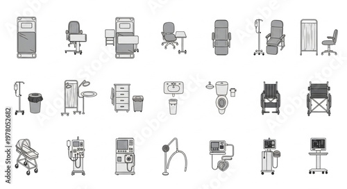 Collection of medical equipment and hospital furniture icons.