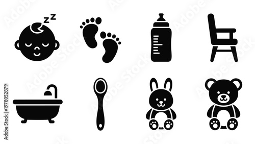 A collection of simple black icons representing baby essentials like bottles footprints toys and care items high quality professional detailed modern