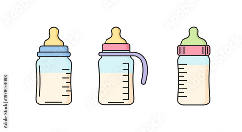 Baby bottles with different colored tops.