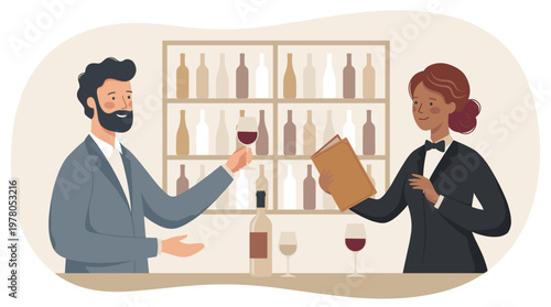 Wine Tasting Illustration Sommelier and Customer at Wine Bar with Bottles Display Shelf Professional Consultation and Selection Experience