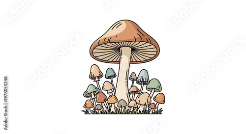 Brown mushroom with small fungi cluster.