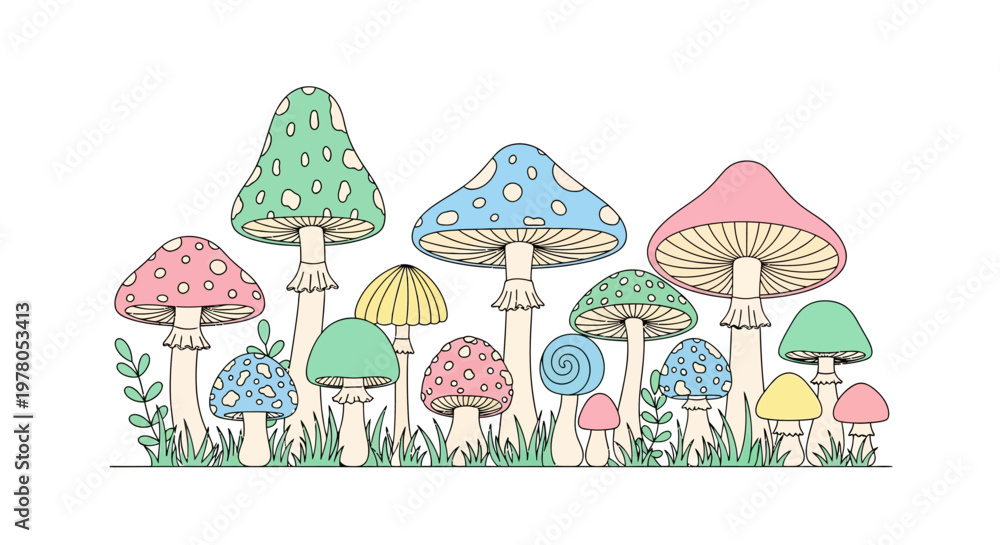 Fototapeta premium Colorful mushrooms in various sizes.