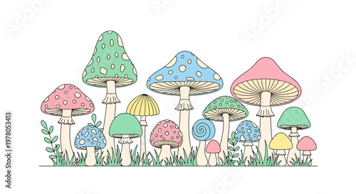 Colorful mushrooms in various sizes.