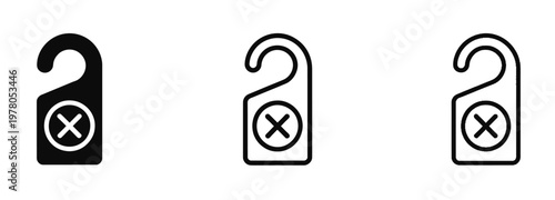 Minimalist set of three stylized door hanger icons in solid, outline, and thin line variations, symbolizing do not disturb, privacy, and hospitality signage for hotel and business use, clean vector 