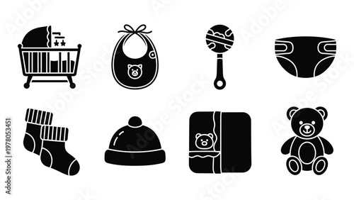 A collection of black silhouette icons depicting essential baby items including a crib bib rattle and diaper high quality professional detailed