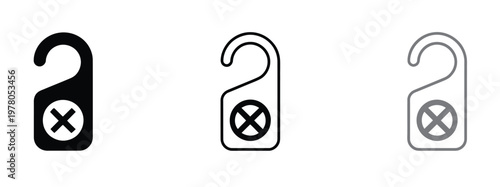 Minimalist set of three stylized door hanger icons in solid, outline, and thin line variations, symbolizing do not disturb, privacy, and hospitality signage for hotel and business use, clean vector 