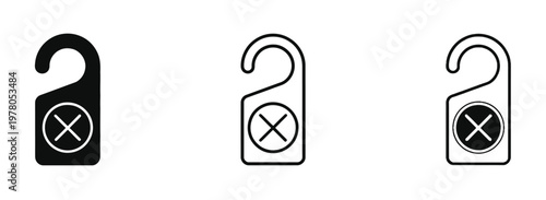 Minimalist set of three stylized door hanger icons in solid, outline, and thin line styles, representing do not disturb status, guest privacy, and hotel room service indicators, modern vector 