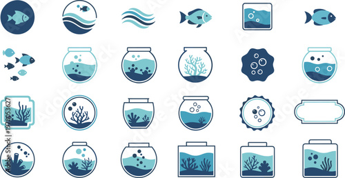 Aquarium Icon Set with Fish Bowls Water Waves Coral Plants and Marine Elements in Minimal Flat Vector Style for Pet Shop and UI Design.