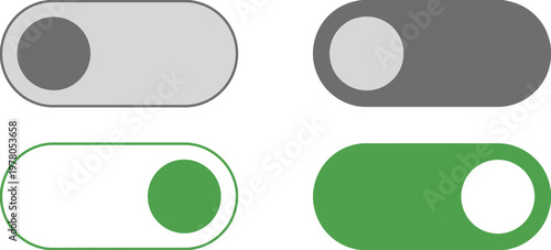 Modern toggle switch icons, minimalist gray and green vector set featuring on/off states for web, mobile, and software design.