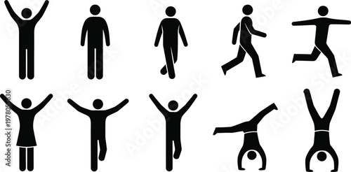 Set of stick figure pictograms showing various actions. Simple human body symbols. Vector illustration for design.