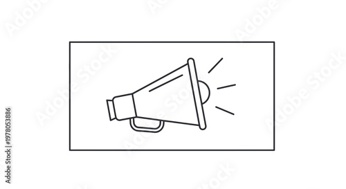 Line art illustration of a megaphone announcing with sound waves, isolated on white background.