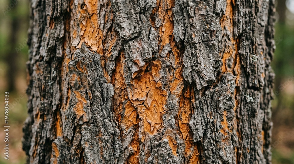 Fototapeta premium Close-up of rough, textured tree bark with orange and grey hues in a forest setting.