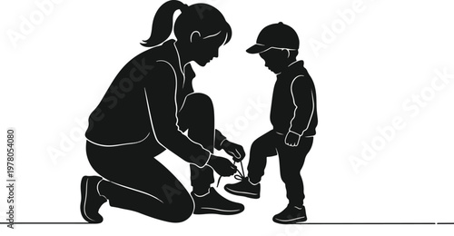 Continuous Line Silhouette of a Mother Tying Her Child's Shoelaces 2026 - Minimalist Black and White Vector Family Illustration Isolated on White Background