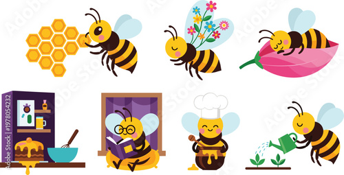 Cute Bee Vector Set Featuring Bees with Honey, Flowers, Gardening, and Cooking Activities for Nature, Animals, and Creative Designs