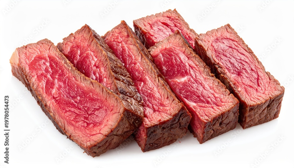 Fototapeta premium Close-up of succulent grilled beef steak slices showcasing rich texture and vibrant color on a white background.
