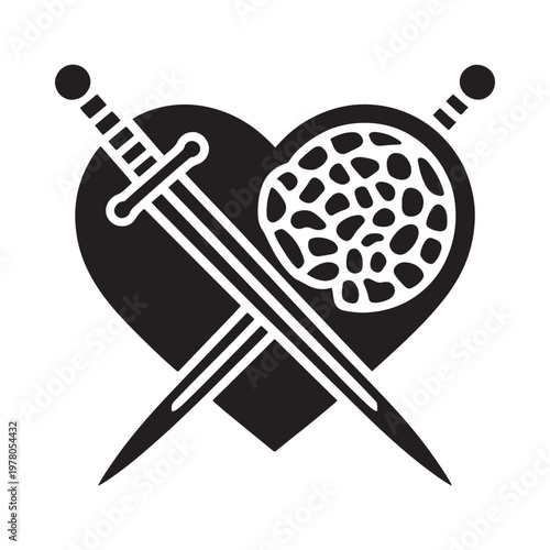 A black silhouette depicting a heart pierced by two crossed swords